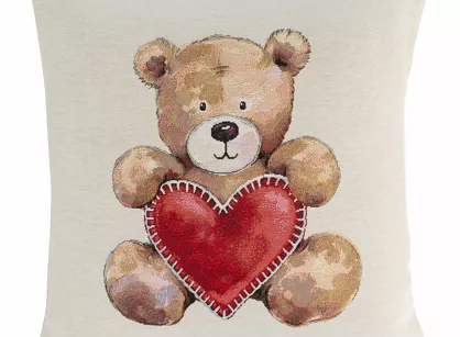 Poszewka świąteczna 45x45 6028 gobelinowa naturalna z wzorem misia z serduszkiem
