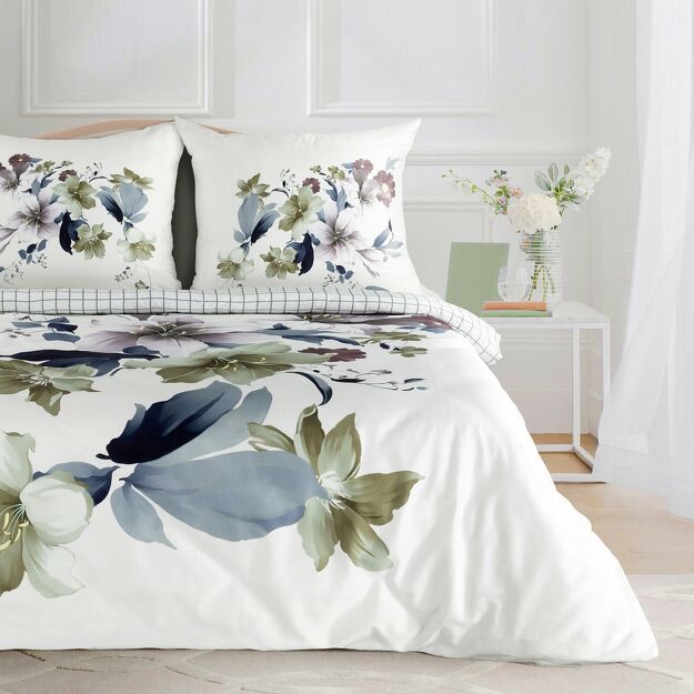 Pościel z makosatyny 220x200 SOFIA biała fioletowy wzór kwiatowy dwustronna Premium