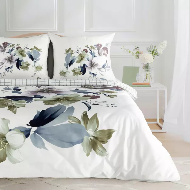 Pościel z makosatyny 220x200 SOFIA biała fioletowy wzór kwiatowy dwustronna Premium