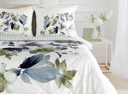 Pościel z makosatyny 220x200 SOFIA biała fioletowy wzór kwiatowy dwustronna Premium