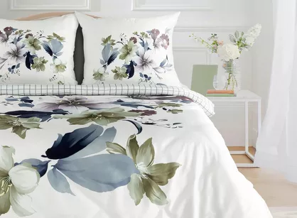 Pościel z makosatyny 220x200 SOFIA biała fioletowy wzór kwiatowy dwustronna Premium