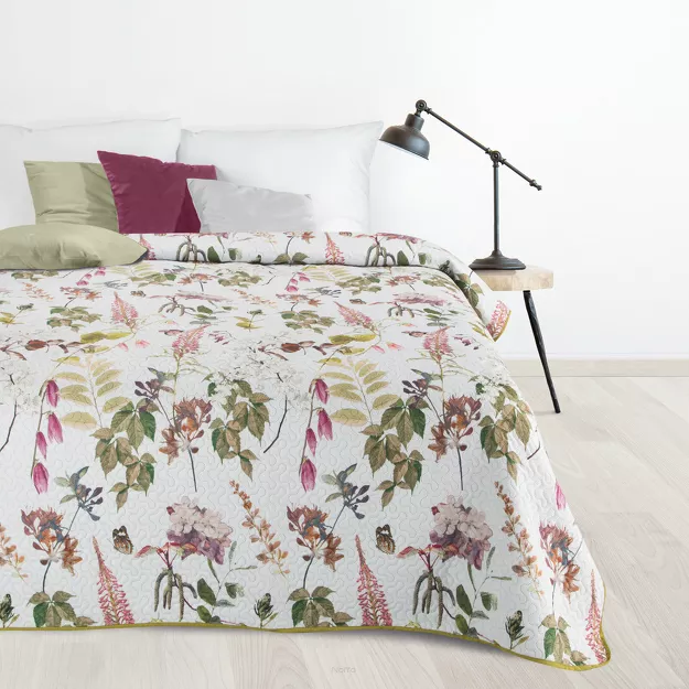 Narzuta pikowana 220x240 ROSA biała zielona z motywem kwiatów i liści Design 91