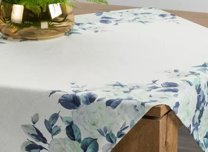 Nakładka płócienna 85x85 NATU 8 naturalna z dodatkiem lnu z nadrukiem zielonych róż