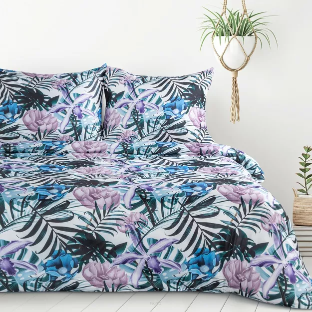 Pościel z mikrowłókna 220x200 MALIBU biała z ciemno zielonym nadrukiem egzotycznych liści Design 91
