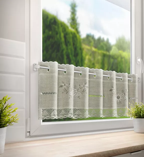 Zazdrostka w tunelu 150x30 VERONICA naturalna z etaminy zdobiona haftowanymi kwiatkami