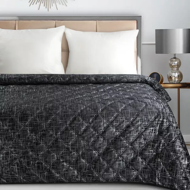 Narzuta welwetowa 200x220 BLINK 6 czarna błyszcząca srebrny przecierany wzór