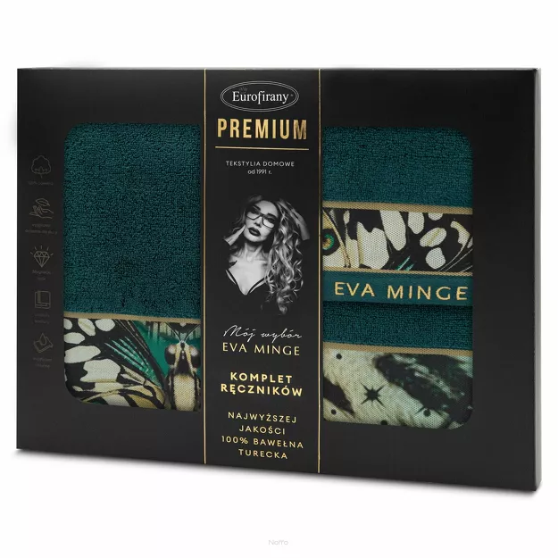Komplet ręczników EVA 15 Eva Minge ciemny turkus z designerskim wzorem w motyle z kolekcji Premium