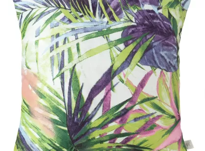 Poszewka 40x40 ROMMY biała z zielonym fioletowym nadrukiem egzotycznych liści i kwiatów Design 91