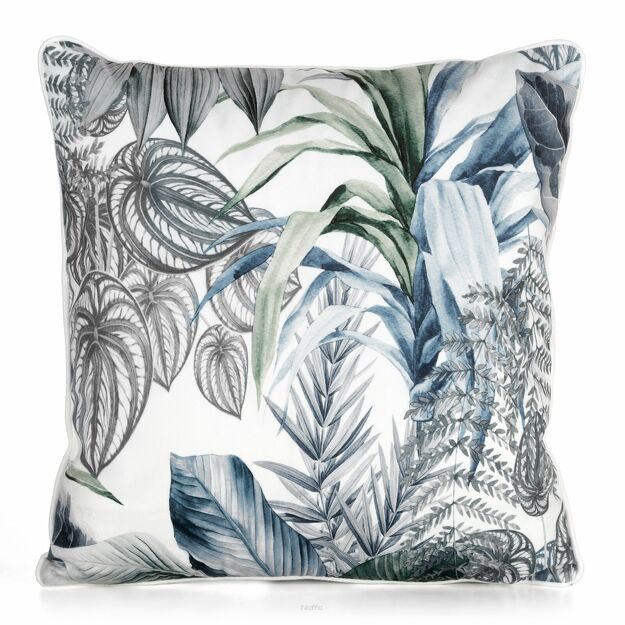 Poszewka welwetowa 45x45 DAVOS 2 biała pikowana z wzorem egzotycznych zielonych i srebrnych liści