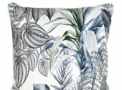 Poszewka welwetowa 45x45 DAVOS 2 biała pikowana z wzorem egzotycznych zielonych i srebrnych liści