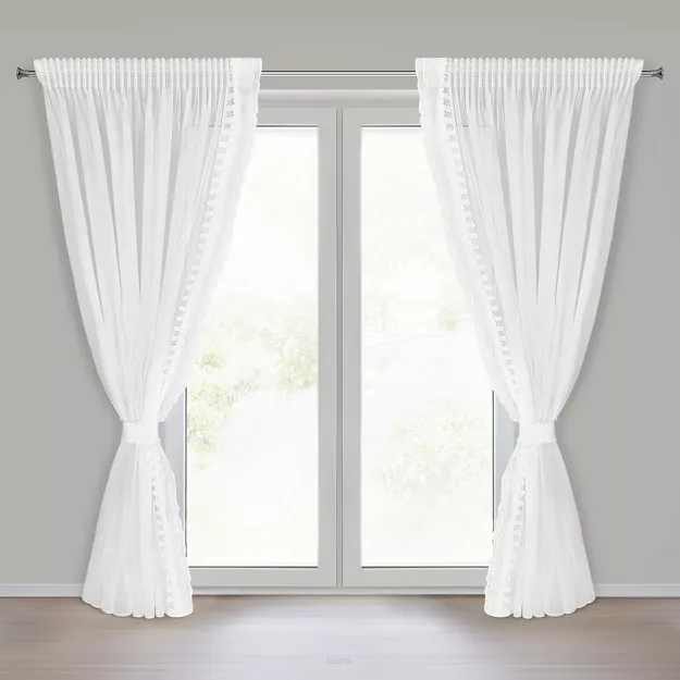 Komplet firan na taśmie 140x270 LARISA biała zdobionych kwiatową koronką z perełkami 2 szt.