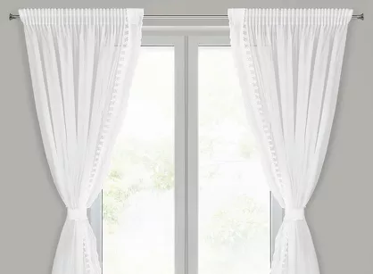 Komplet firan na taśmie 140x270 LARISA biała zdobionych kwiatową koronką z perełkami 2 szt.