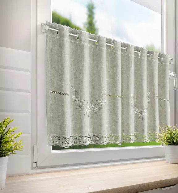 Zazdrostka w tunelu 150x60 VERONICA naturalna z etaminy zdobiona haftowanymi kwiatkami