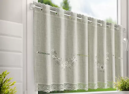 Zazdrostka w tunelu 150x60 VERONICA naturalna z etaminy zdobiona haftowanymi kwiatkami