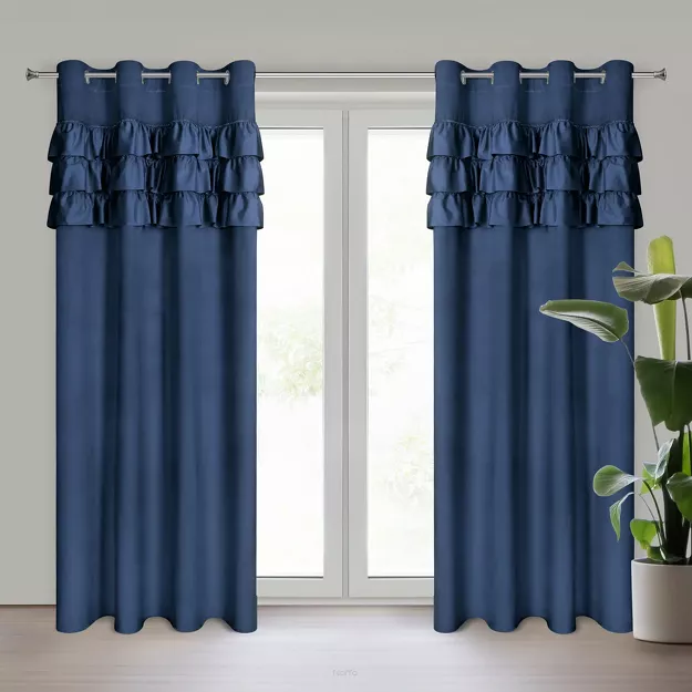 Zasłona na przelotkach 140x250 SAMI welwetowa granatowa jednokolorowa zdobiona w górnej części falbanami i taśmą z cyrkoniami