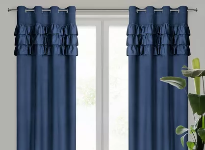 Zasłona na przelotkach 140x250 SAMI welwetowa granatowa jednokolorowa zdobiona w górnej części falbanami i taśmą z cyrkoniami