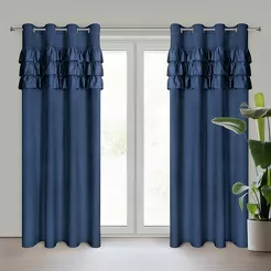 Zasłona gotowa na przelotkach 140x250 SAMI welwetowa granatowa jednokolorowa zdobiona w górnej części falbanami i taśmą z cyrkoniami