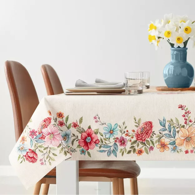 Obrus gobelinowy 140x180 1413 naturalny z nadrukiem kolorowych kwiatów