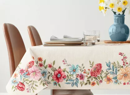 Obrus gobelinowy 140x180 1413 naturalny z nadrukiem kolorowych kwiatów