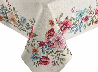 Obrus gobelinowy 140x180 1413 naturalny z nadrukiem kolorowych kwiatów