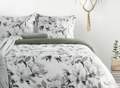 Pościel z mikrowłókna 140x200 LOTI biała zielona wzór kwiatowy Design 91
