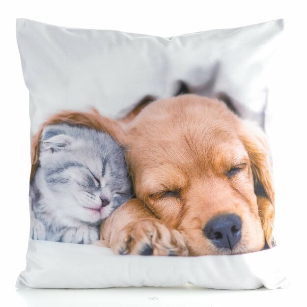 Poszewka welwetowa 45x45 ANIMAL 69 zdobiona nadrukiem kotka i pieska