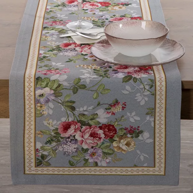 Bieżnik gobelinowy 40x100 4088 popielaty różowy wzór kwiatu wiśni